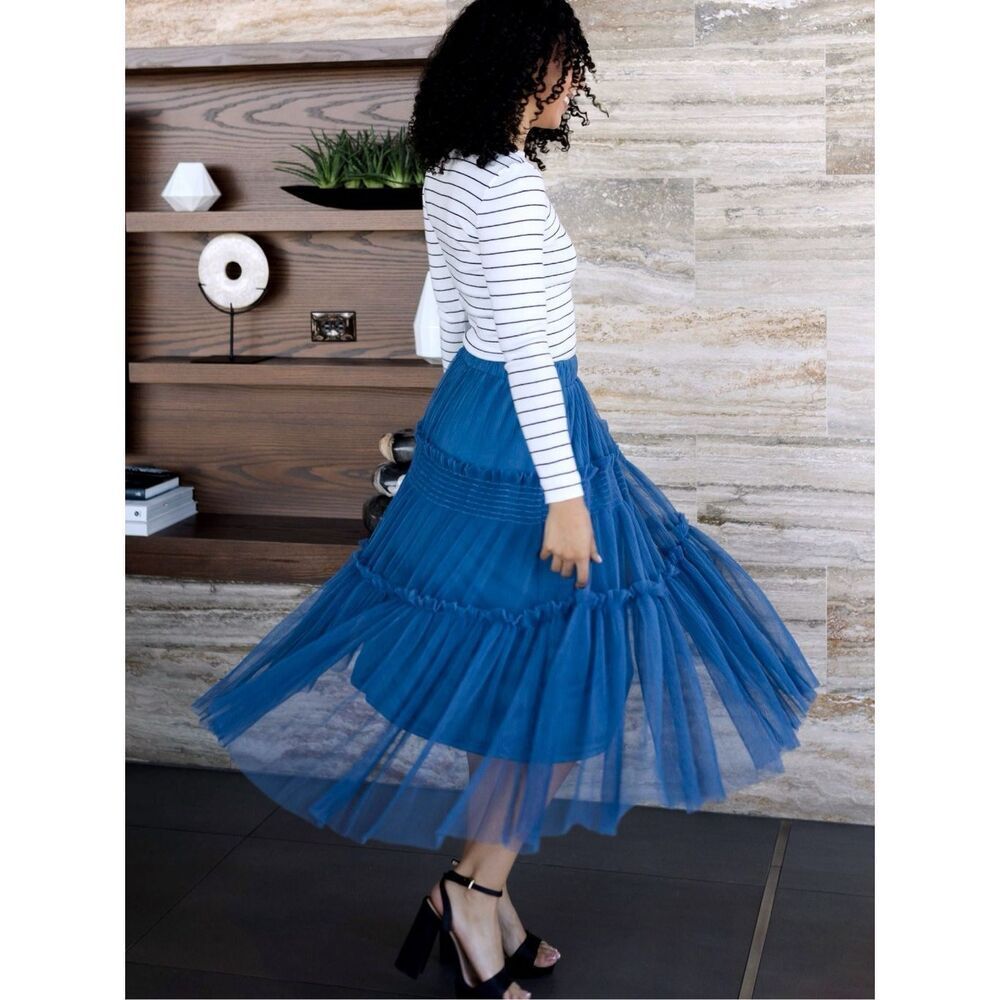 Annie Wear Royal Blue Tulle Tiered Midi Skirt Mesh Balletcore Princess Flowy NWT - Picture 7 of 16